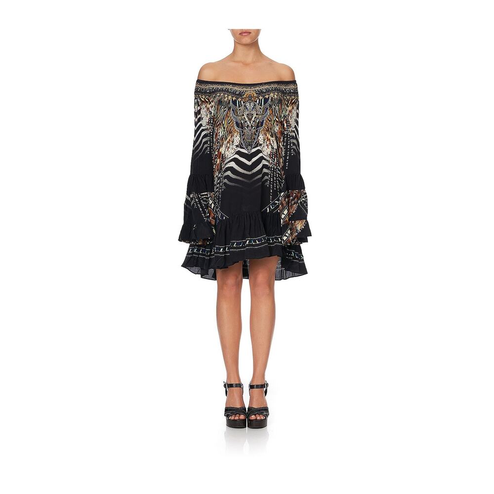 Camilla Silk Lost in Paradise A-Line Frill Mini Dress Black Women's Size XL